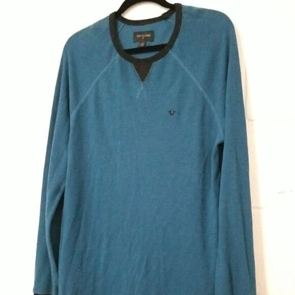 TRUE RELIGION Logo Waffle Knit Raglan Crew‎ Shirt Long Sleeve Mens L Aqua Blue
